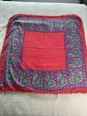 Square cotton paisley and polka dot scarf with pom pom trim